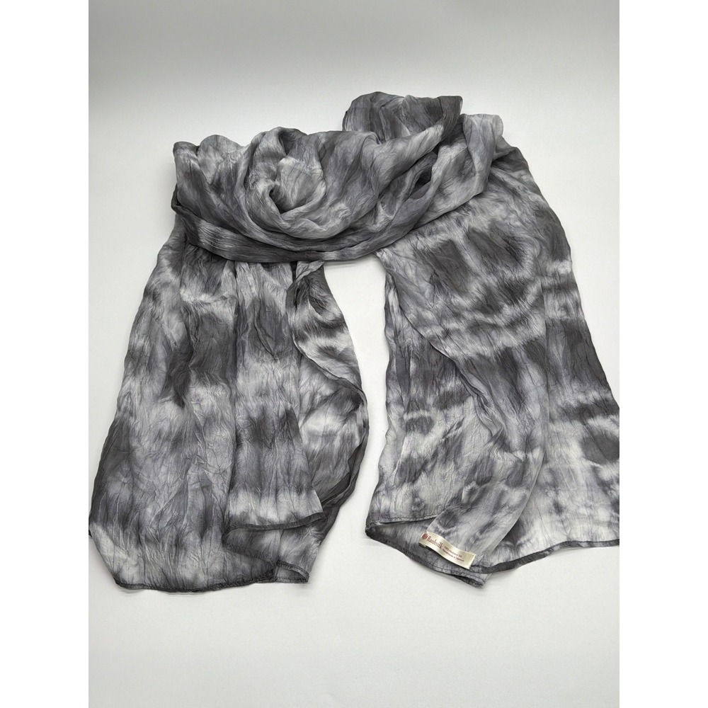 Hanhsilk Grey White Tie Dye 100% Mulberry Silk Scarf Handmade Vietnam‎ Crinkle